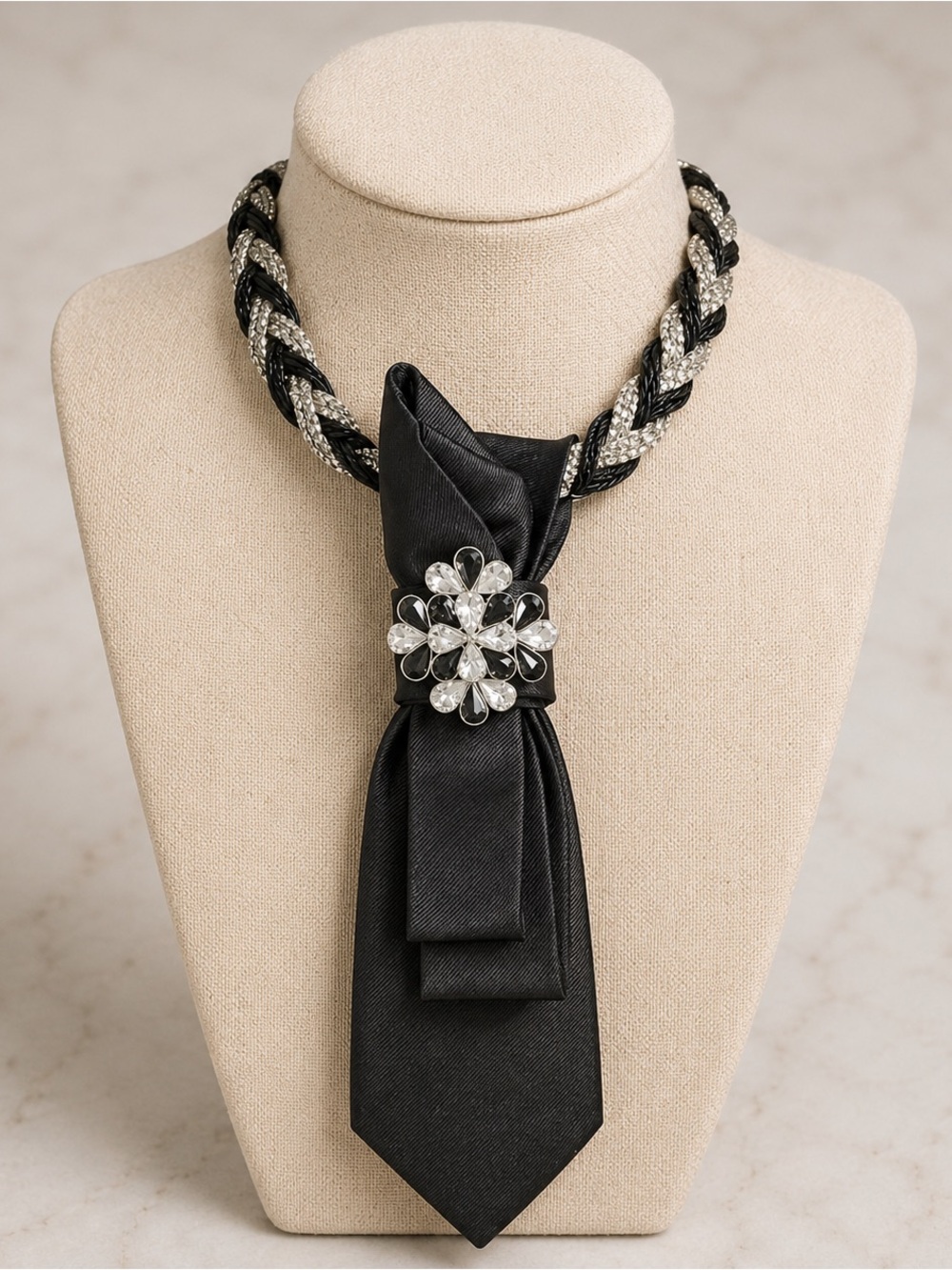 Necktie Necklace | Black Satin & Vintage 1970 Braided Necklace | Floral Brooch
